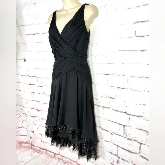 TADASHI S Petite Black Chiffon Pin Tucked Hi Lo Ruched Cocktail Party Dress - Picture 15 of 15